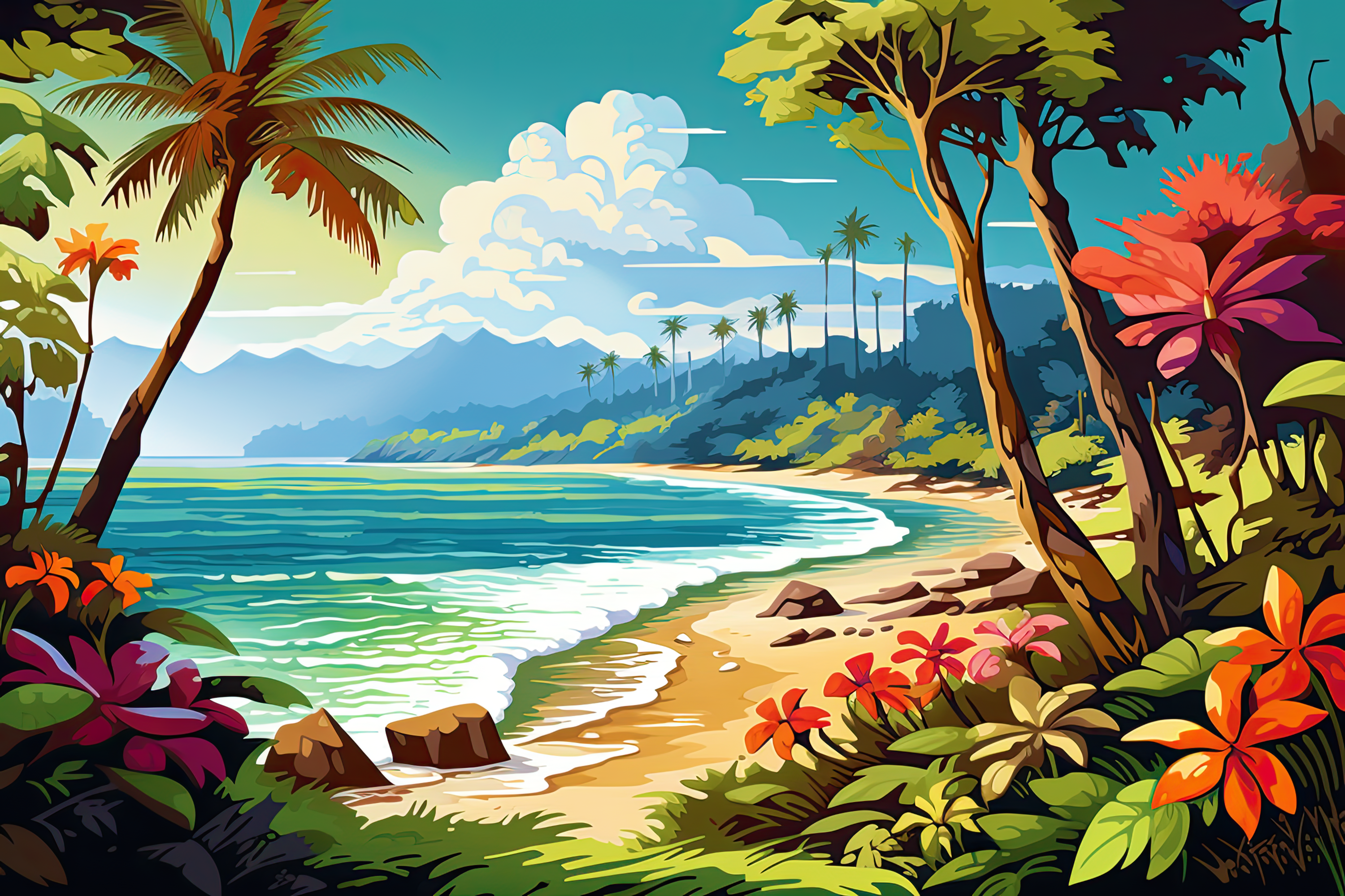 Lush tropical cove with colorful flowers, sandy beach, and distant mountains