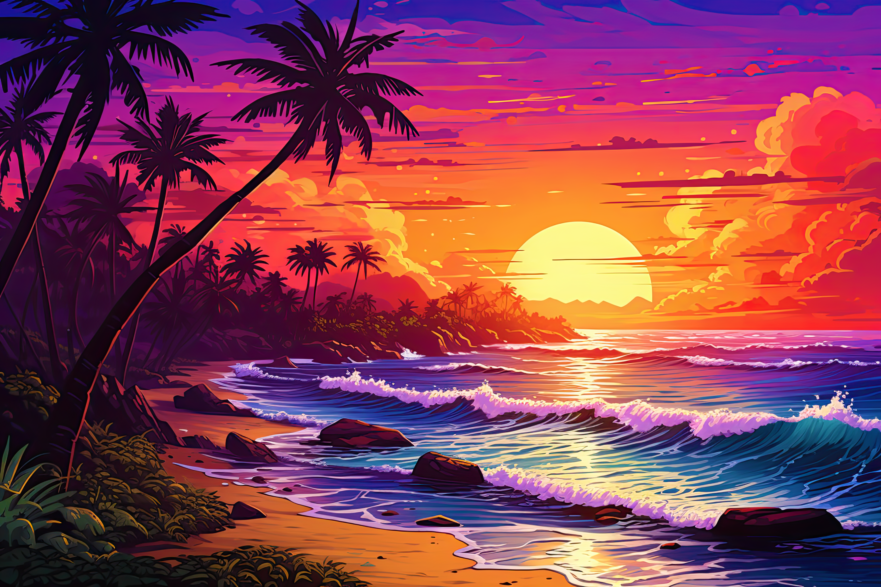 Dramatic tropical sunset with silhouetted palm trees and ocean waves