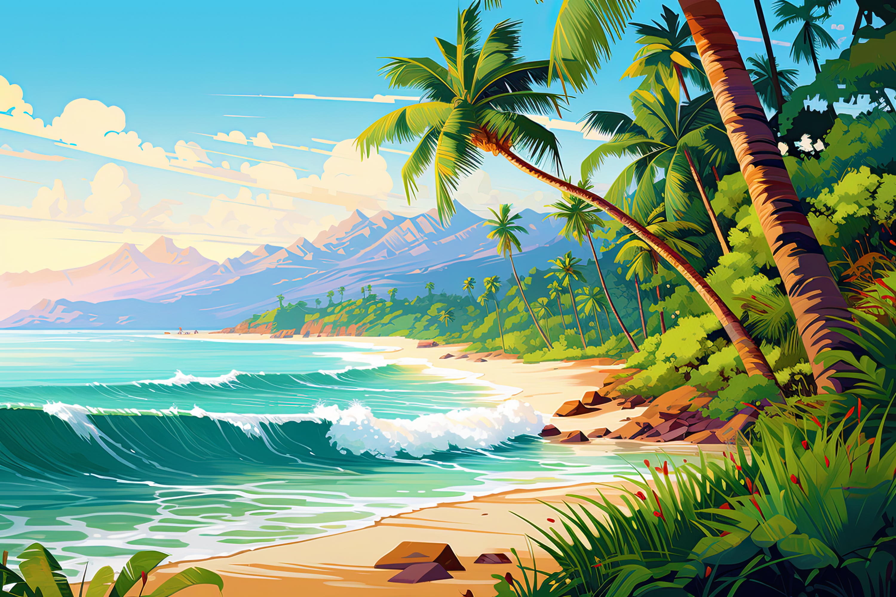 Tropical beach with palm trees, turquoise ocean, and mountains under a sunny sky