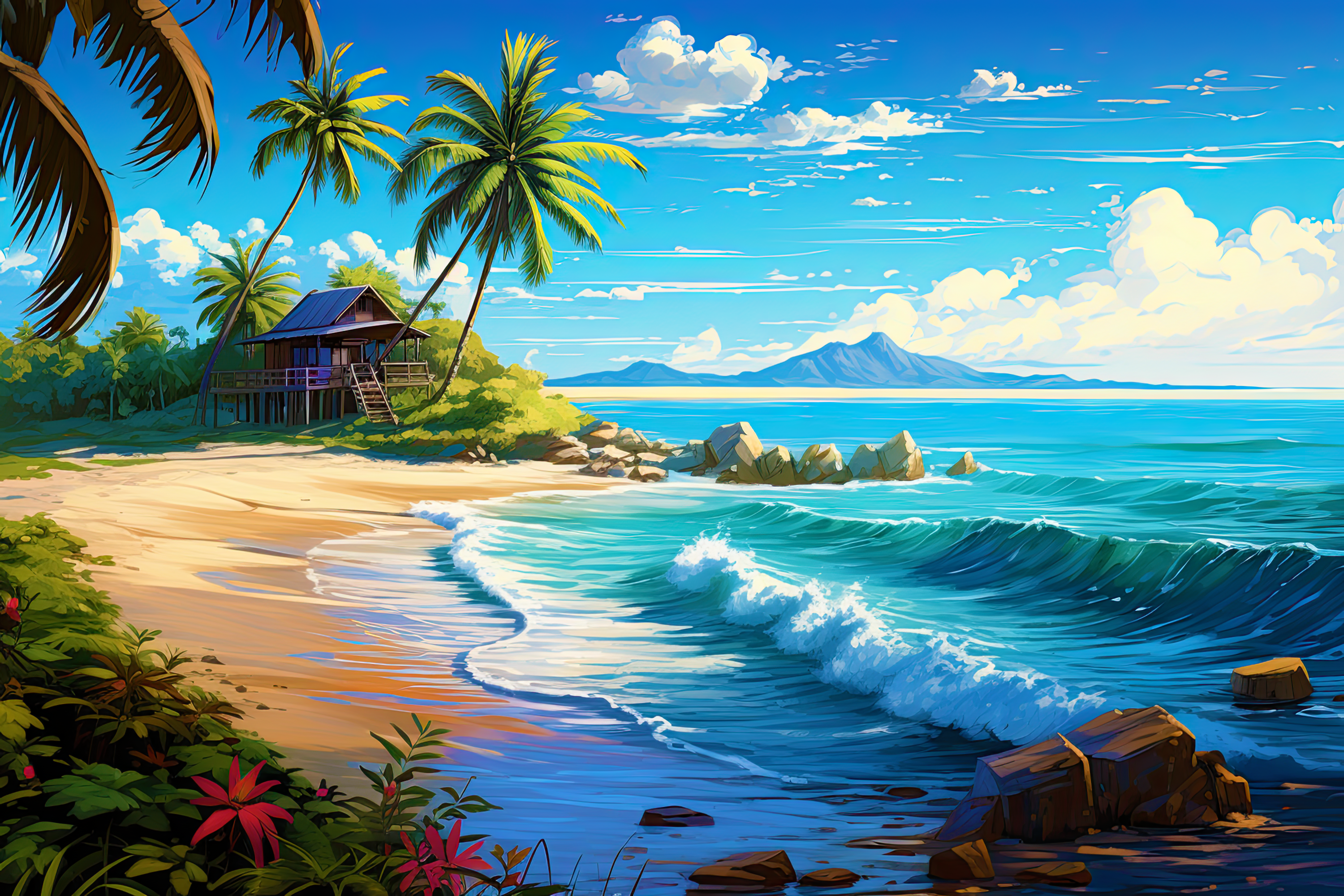 Serene tropical beach with a wooden hut, palm trees, and calm turquoise water